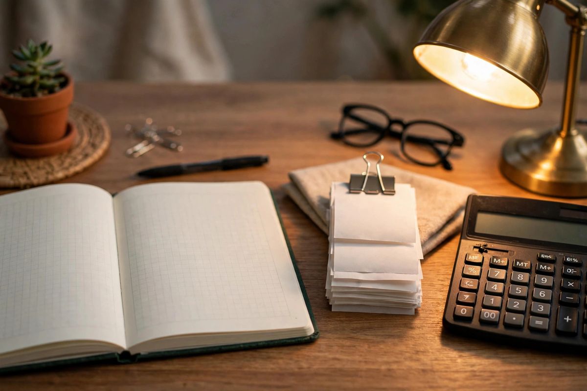 Calm organized desk with open mileage log notebook, clipped receipts and calculator in warm lamplight