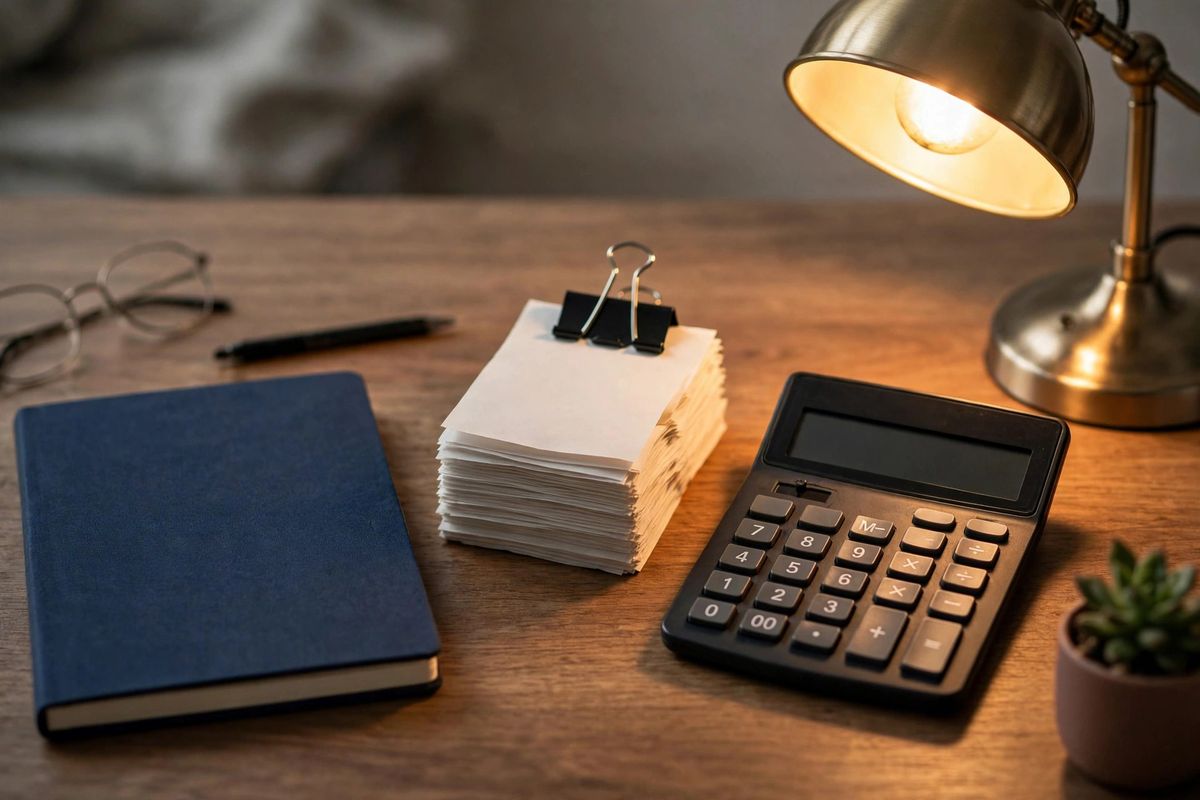Organized desk with mileage log notebook, clipped receipts and calculator under warm lamplight