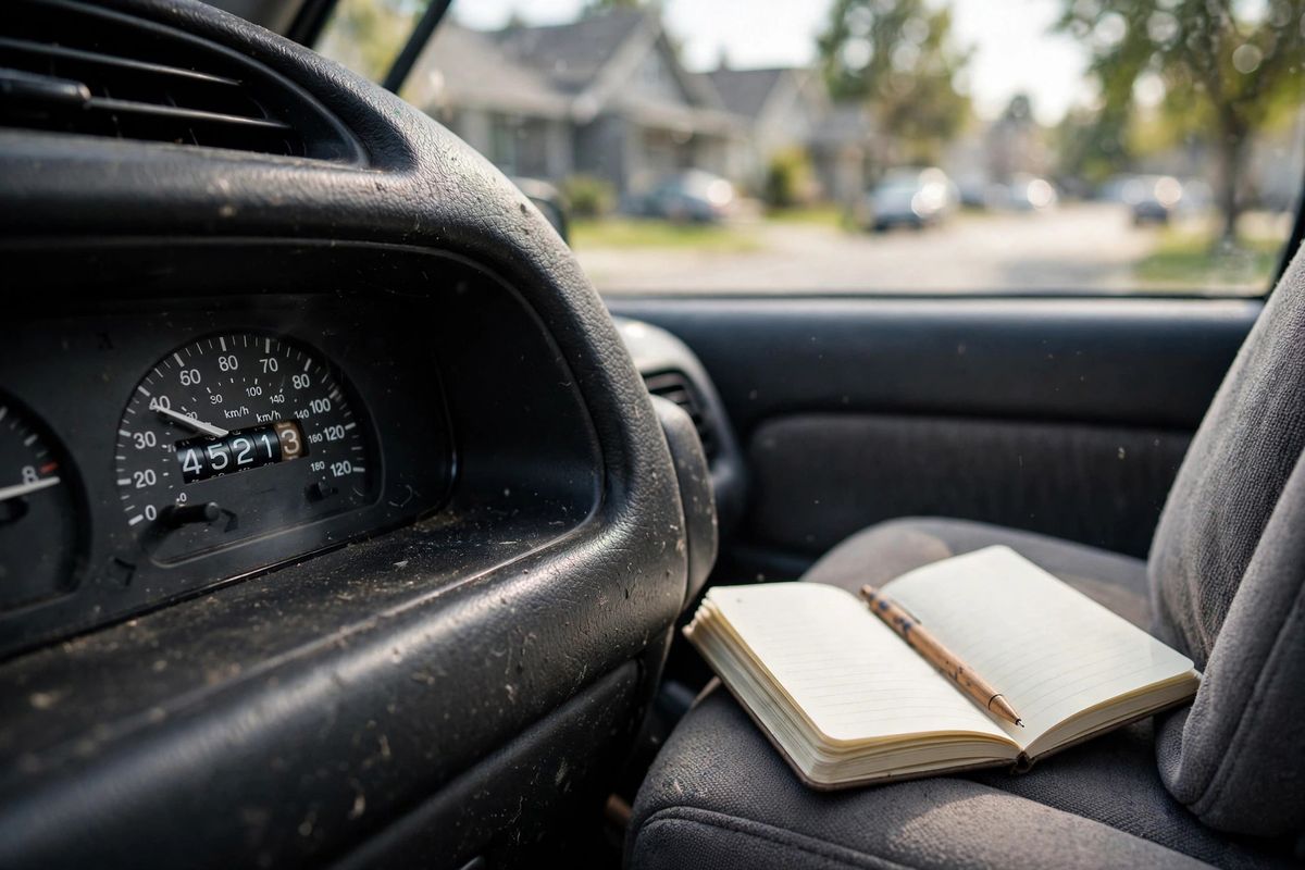 Car dashboard odometer close-up with an open notebook and pen on the passenger seat in daylight