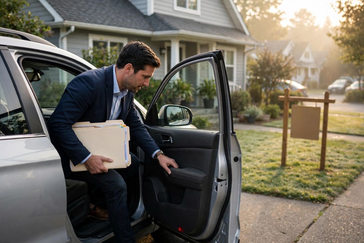 Real estate agent getting into a car parked outside a listed home in the morning