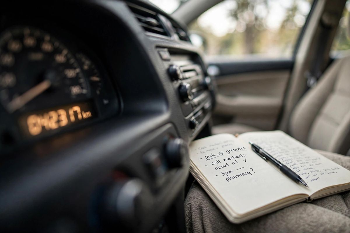 Car odometer close-up with an open mileage notebook and pen on the passenger seat
