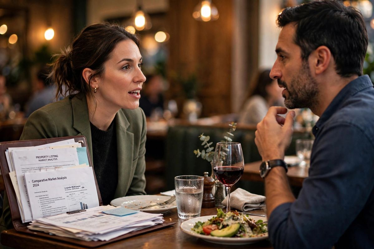 A realtor and a client talking over dinner at a restaurant table with a property folder nearby