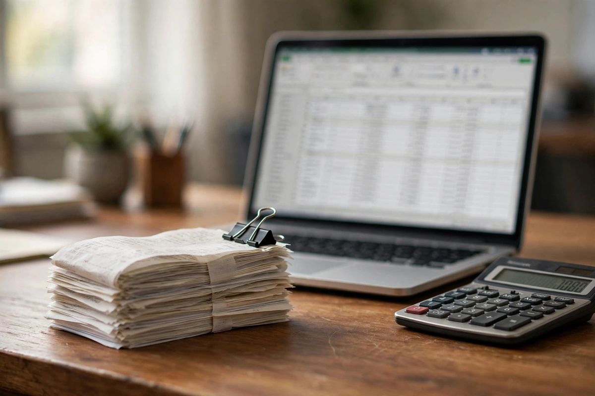 Organized stack of receipts clipped together beside a laptop with a spreadsheet on a CPA's desk