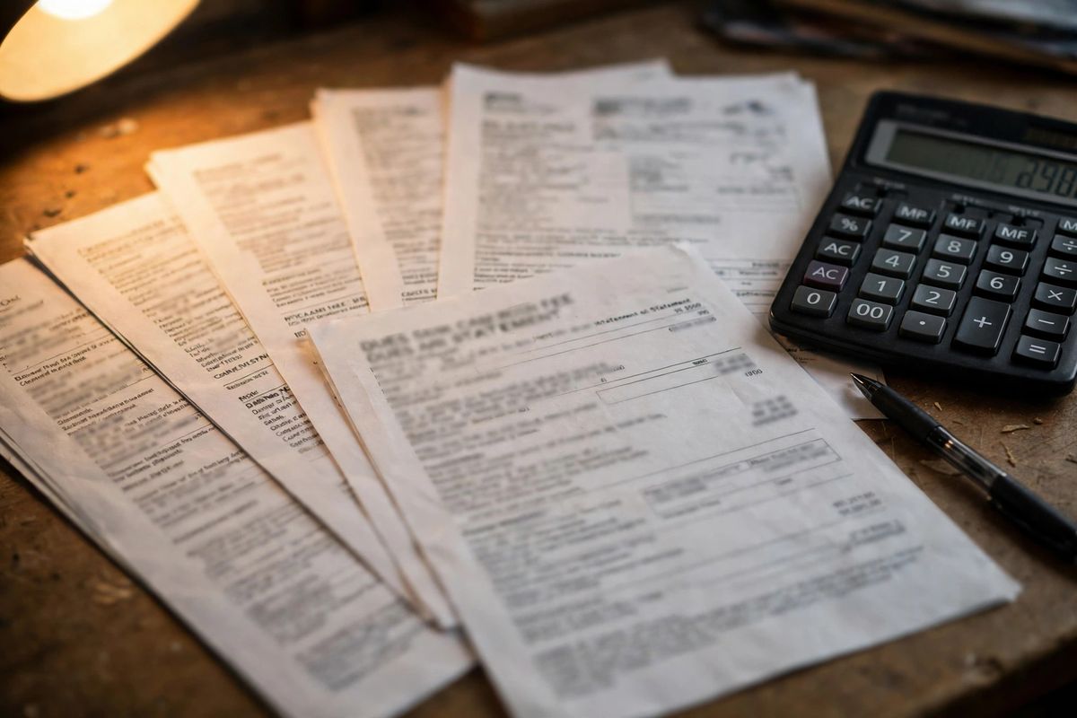 Dues and fee statements fanned out on a desk with a pen and calculator