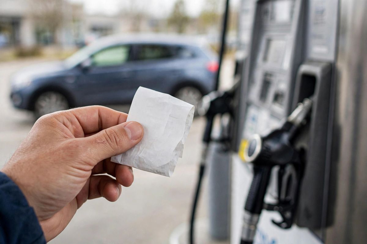 Hand holding a fuel receipt at a gas pump with a car in the background