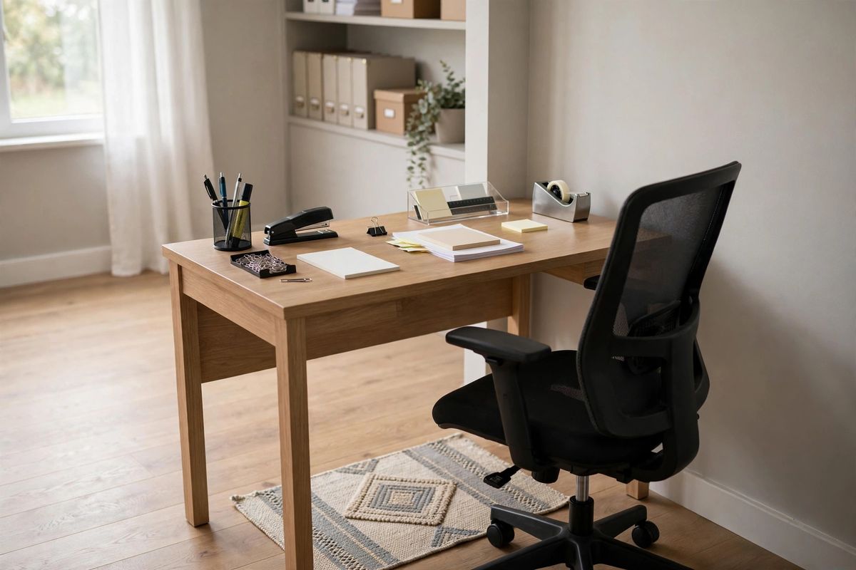 A clearly defined home office corner with desk and chair set apart within a larger room