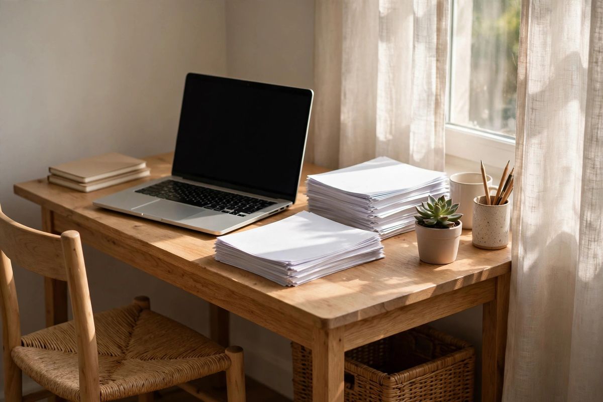 Small tidy home office desk with a laptop and real estate listing paperwork in natural window light