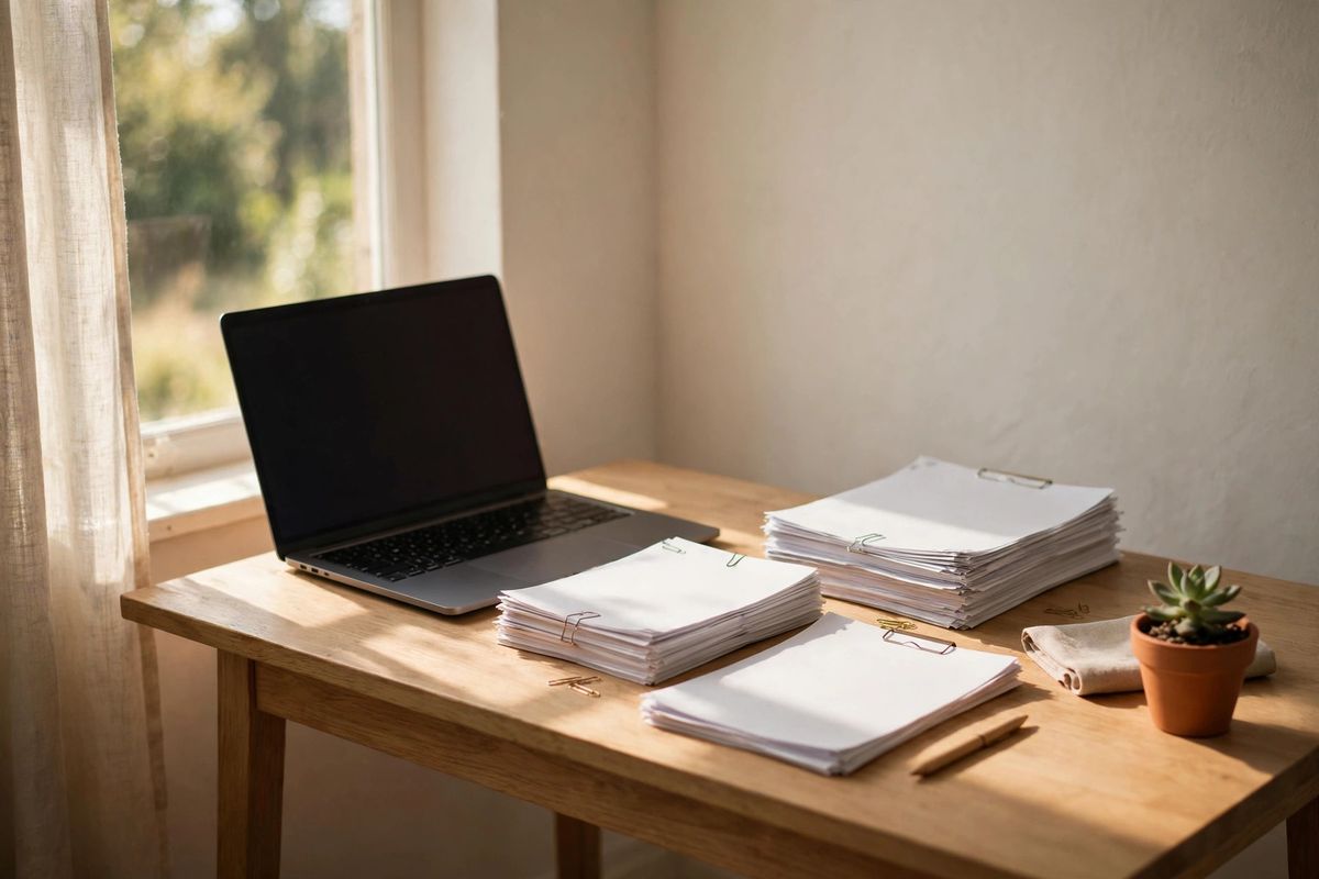 Tidy home office desk with laptop and organized listing paperwork in window light