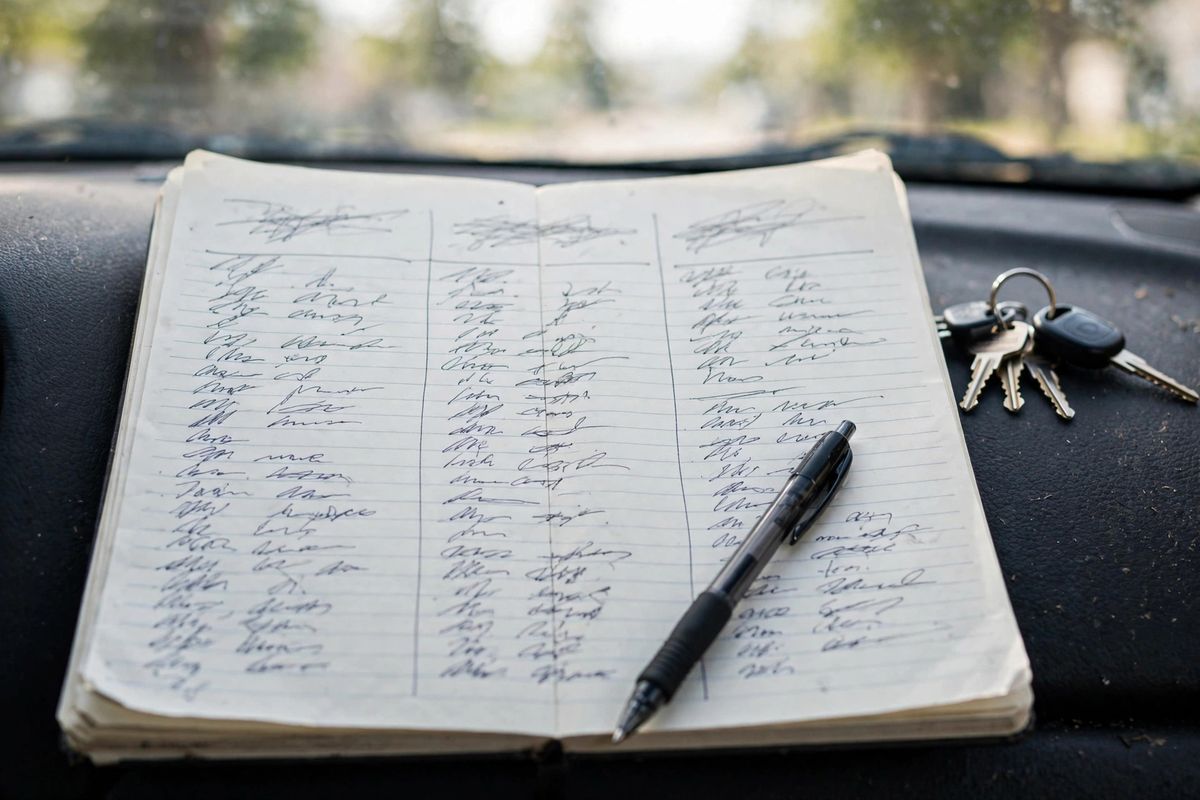 Handwritten mileage log notebook with pen and car keys on a car dashboard