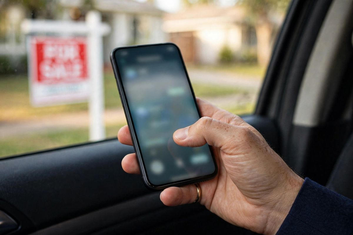 Real estate agent logging a trip on a phone in the car right after a showing