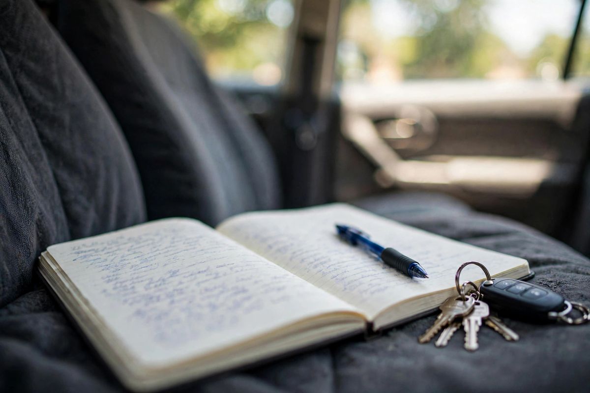 Handwritten mileage log notebook with pen on a car passenger seat