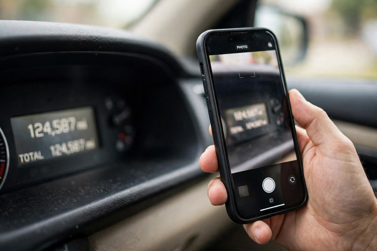 Hand photographing a car odometer reading with a phone