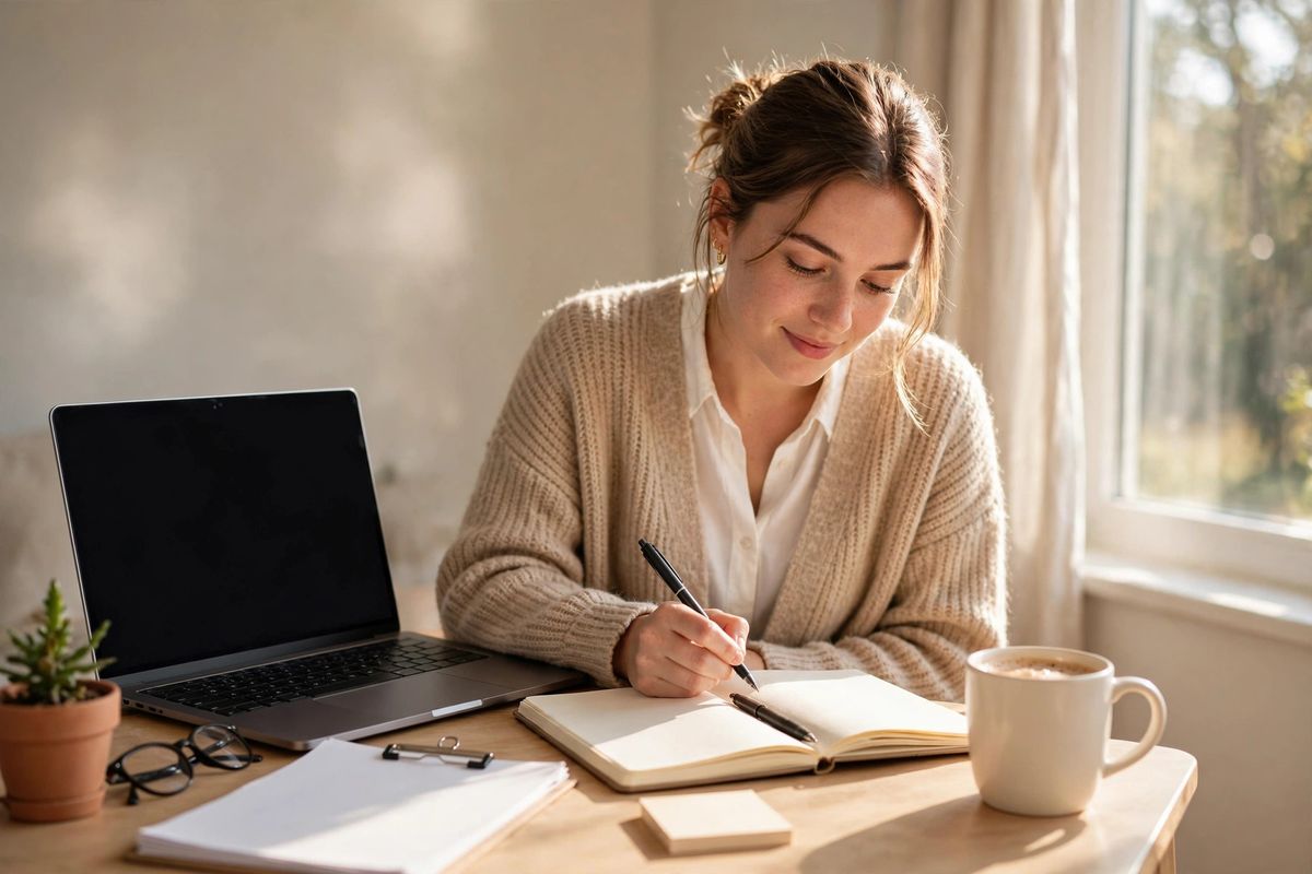 New real estate agent doing a weekly money review at a small desk with laptop and notebook in morning light