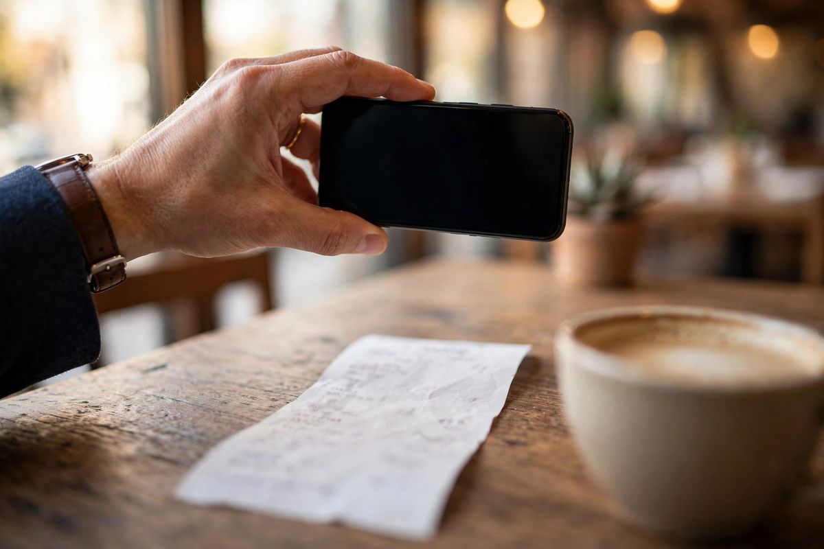 Real estate agent photographing a restaurant receipt with a smartphone at the table