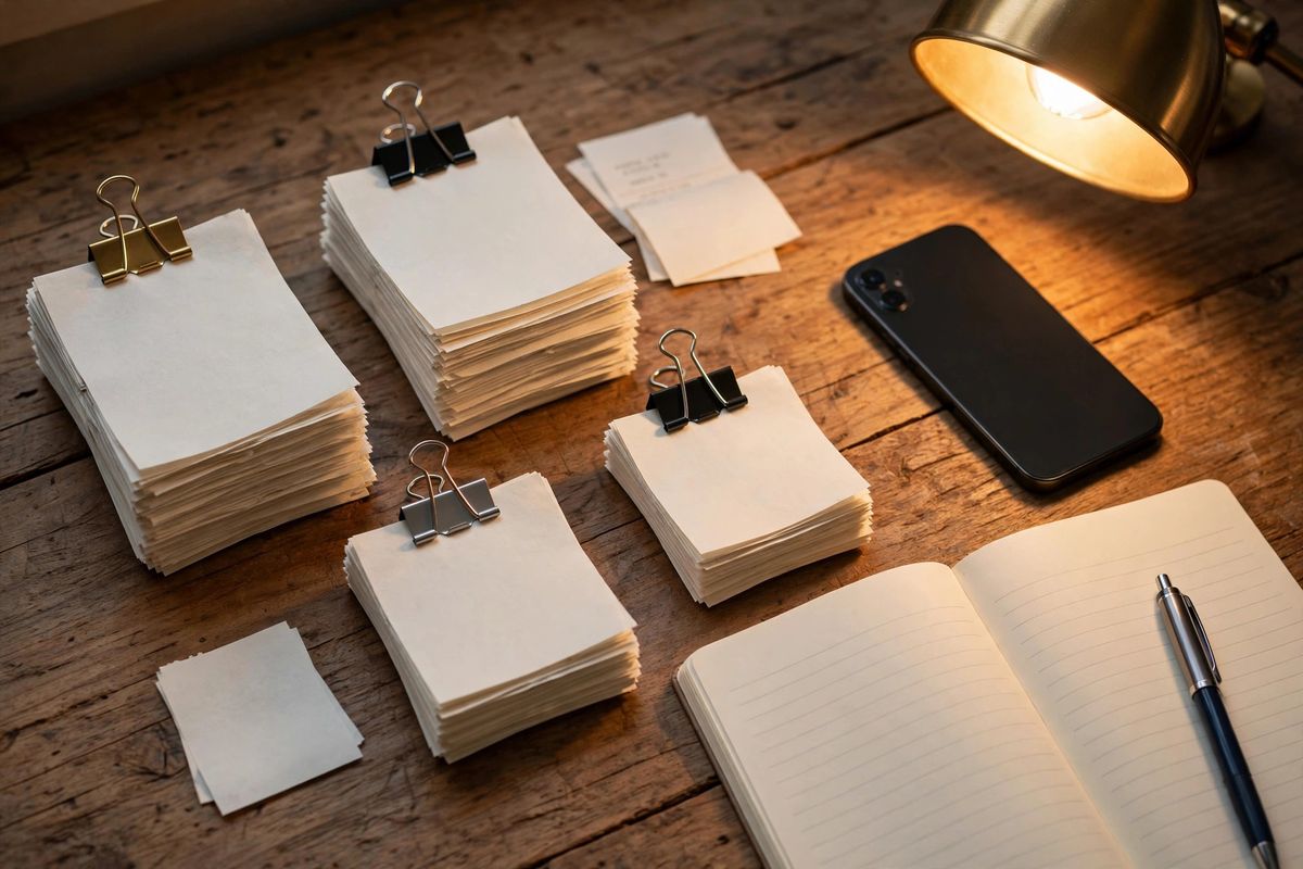 Paper receipts organized into clipped stacks by category on a desk beside a smartphone
