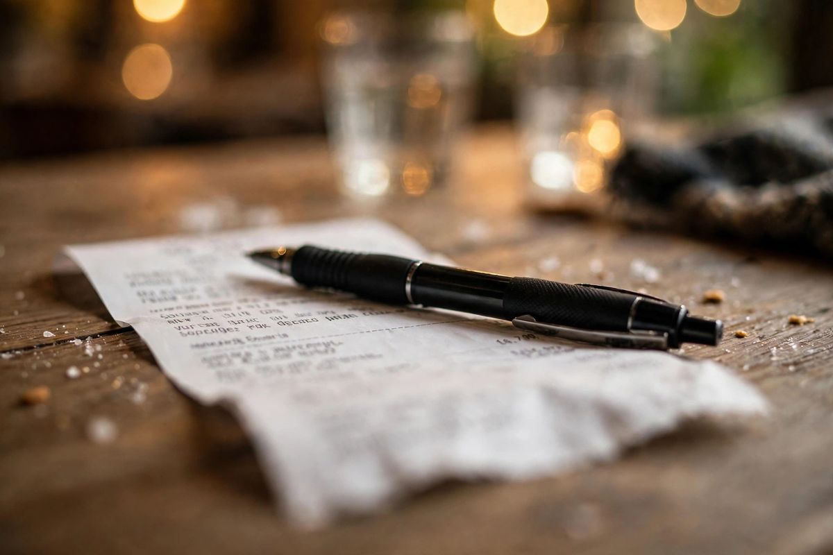 Itemized restaurant receipt with a pen on a restaurant table