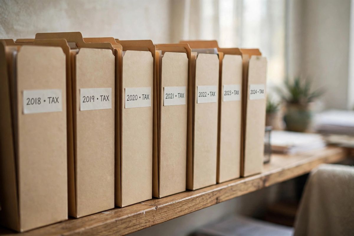 Labeled file folders for each tax year organized on an office shelf